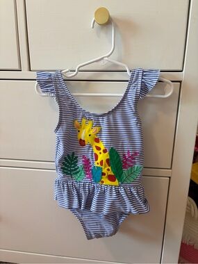 Mini Boden Giraffe Swimsuit 18-24M Stripe Ruffle One Piece Beach